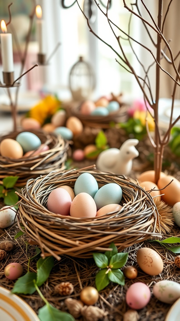 A beautiful Easter tablescape featuring bird's nests filled with pastel eggs and surrounded by greenery.