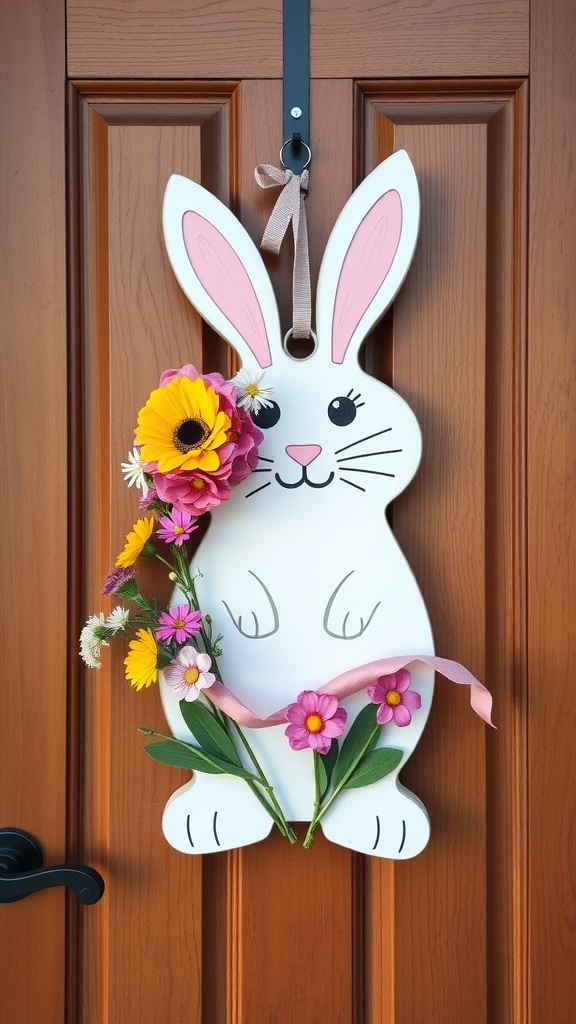 A charming bunny door hanger decorated with flowers, hanging on a wooden door.