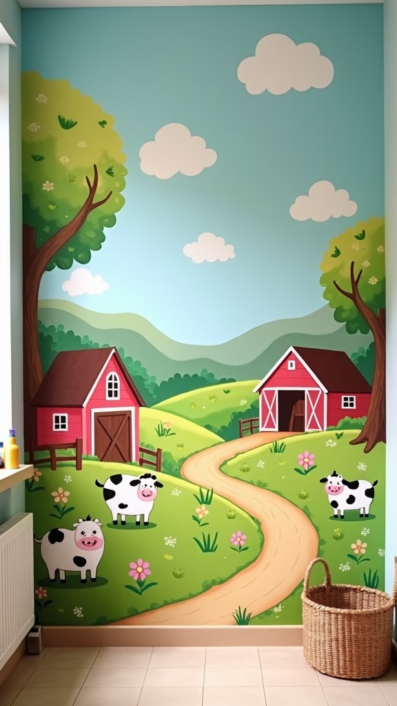A colorful mural depicting a farmyard scene with cows, trees, and red barns