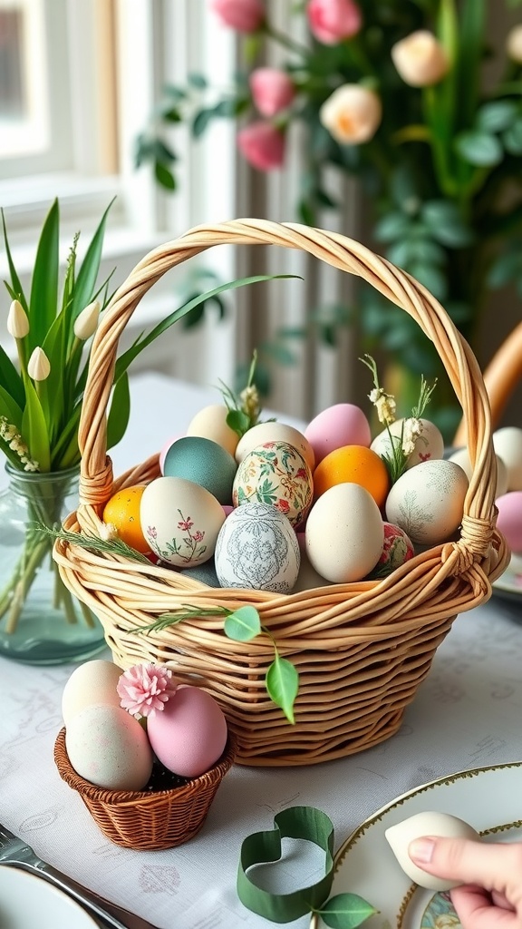 A charming display of vintage decorated eggs in a woven basket, surrounded by fresh flowers and greenery.