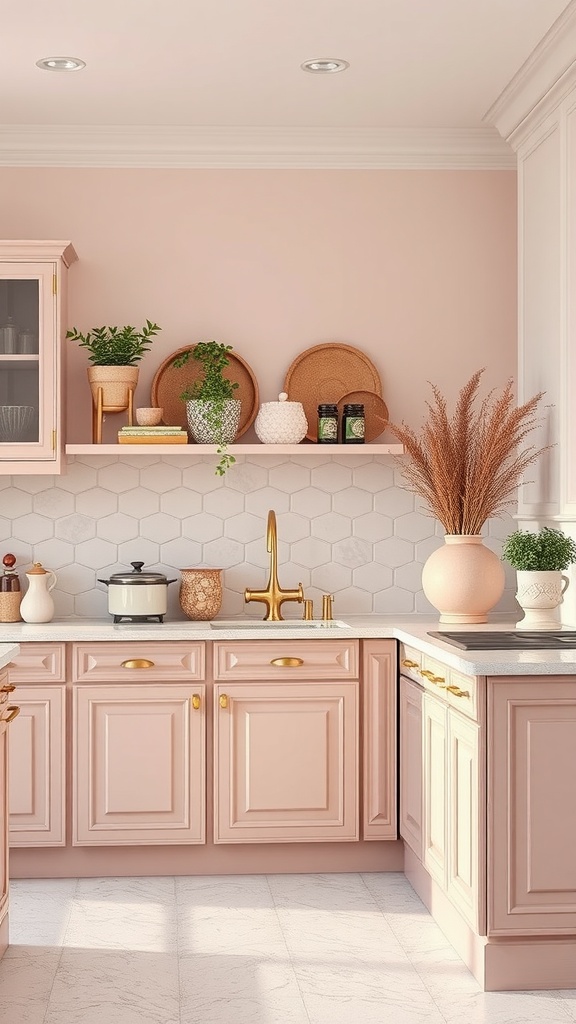A stylish kitchen featuring blush pink cabinets, gold hardware, and natural decor elements.