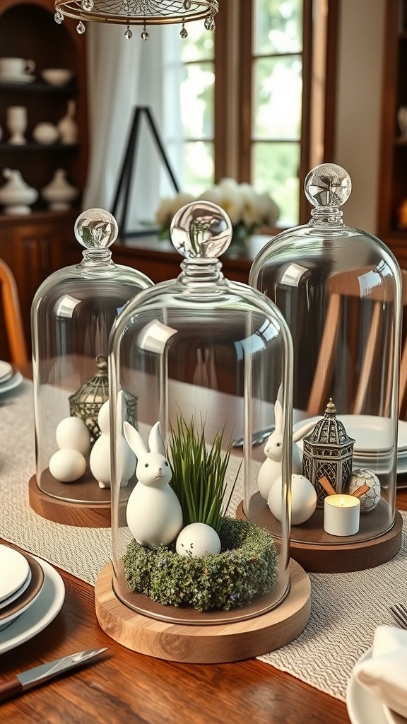 Chic glass cloche displays with bunnies and eggs for an Easter tablescape.