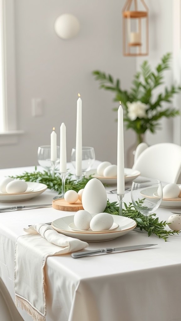 Chic minimalist Easter table setting with white plates, greenery, and candles.