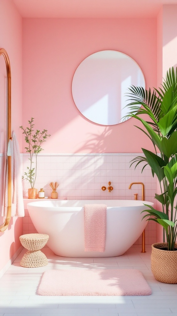 A bright pink bathroom with a modern bathtub, round mirror, and plants.