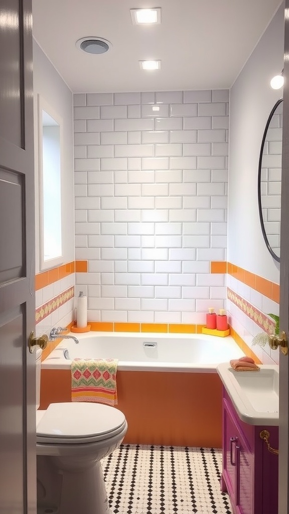 Small bathroom with colorful accents and a bathtub