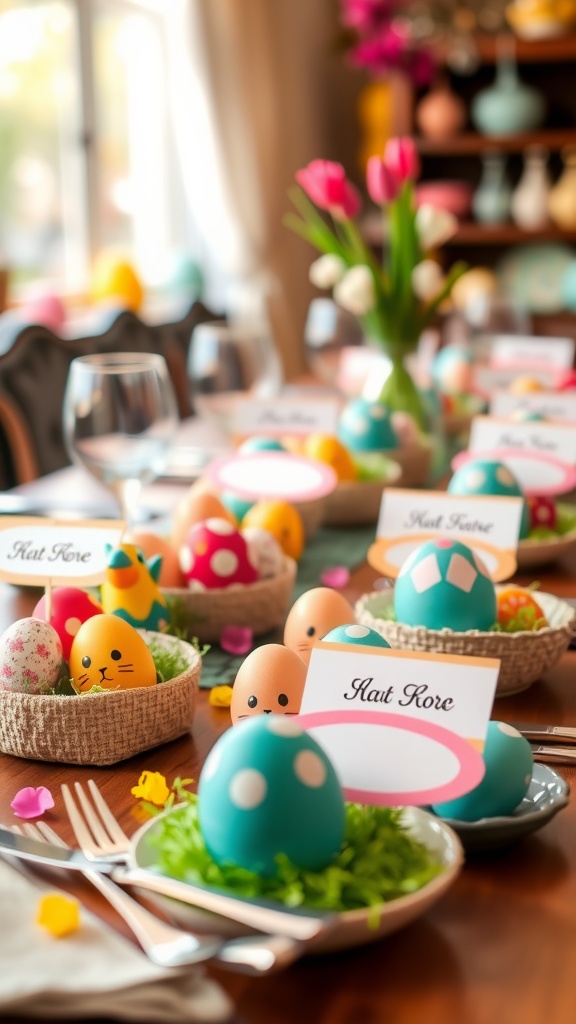 A festive Easter table setting featuring colorful eggs and name cards.