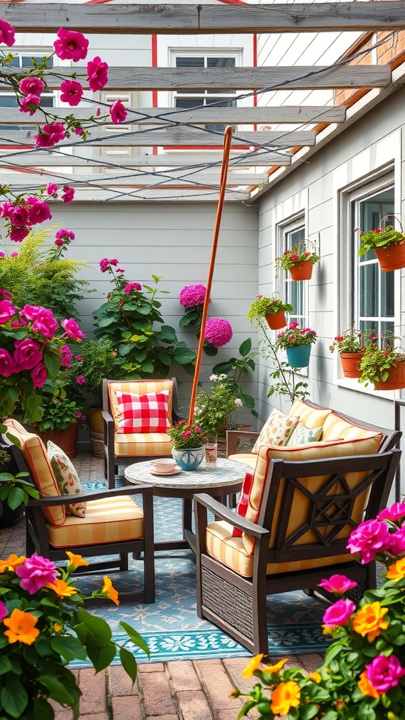 Colorful outdoor furniture with bright flowers in a spring setting.