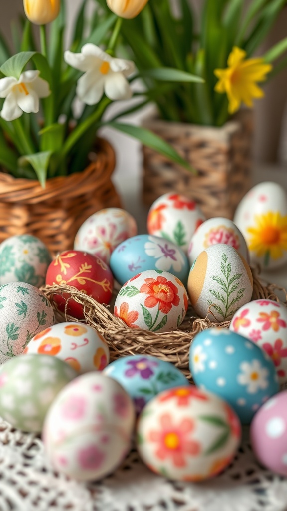 A collection of beautifully painted Easter eggs surrounded by flowers.