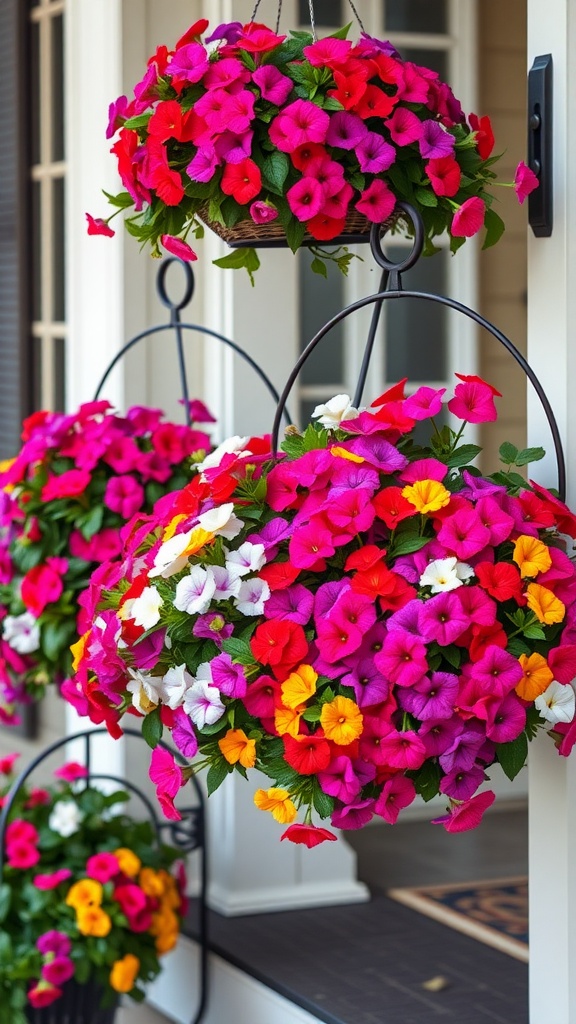 Hanging baskets filled with colorful petunias in pink, purple, yellow, and white.