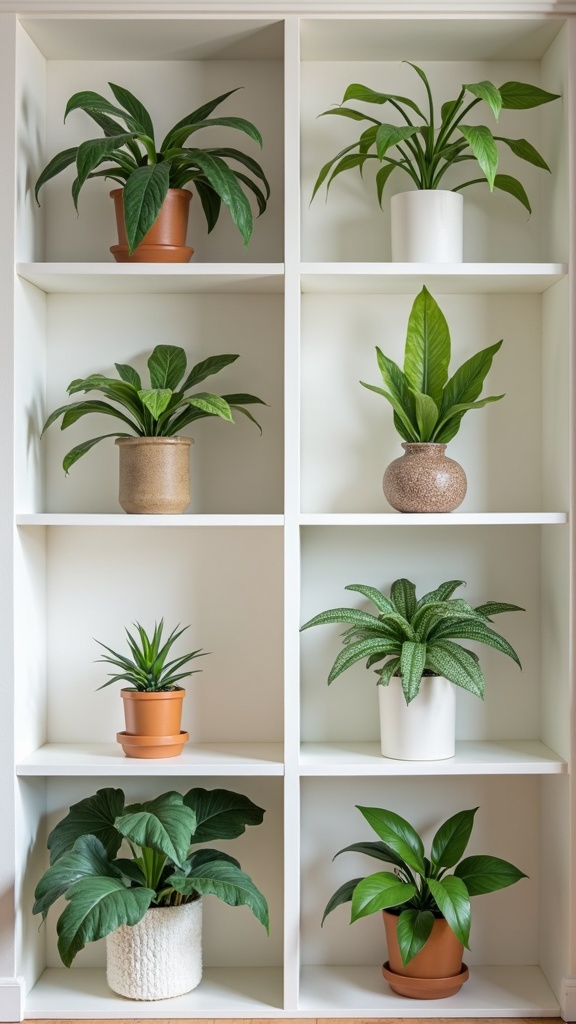 A shelf filled with various potted plants in different sizes and colors.
