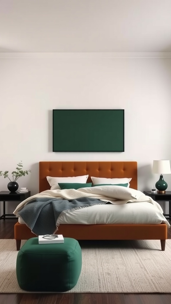 A beautifully designed dark green bedroom featuring a terracotta bed frame, light bedding, and natural decor elements.