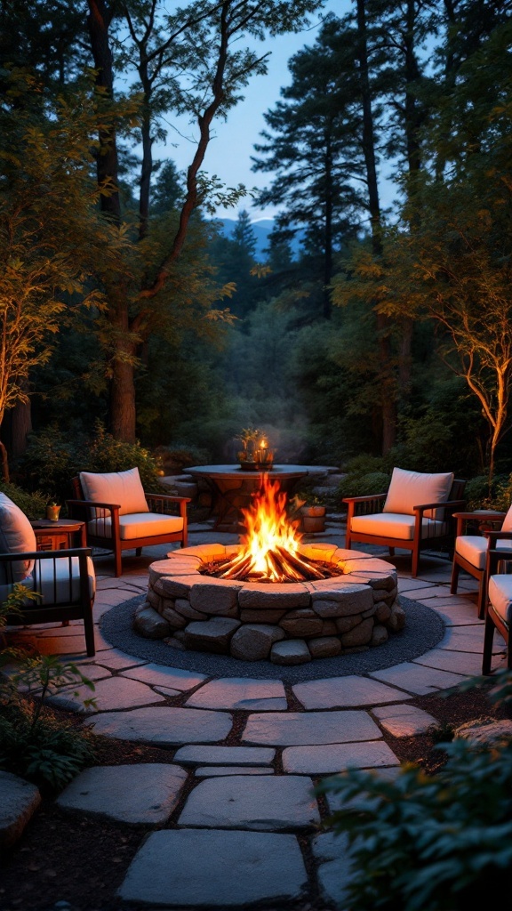 Cozy fire pit area with chairs surrounded by trees and a warm fire.