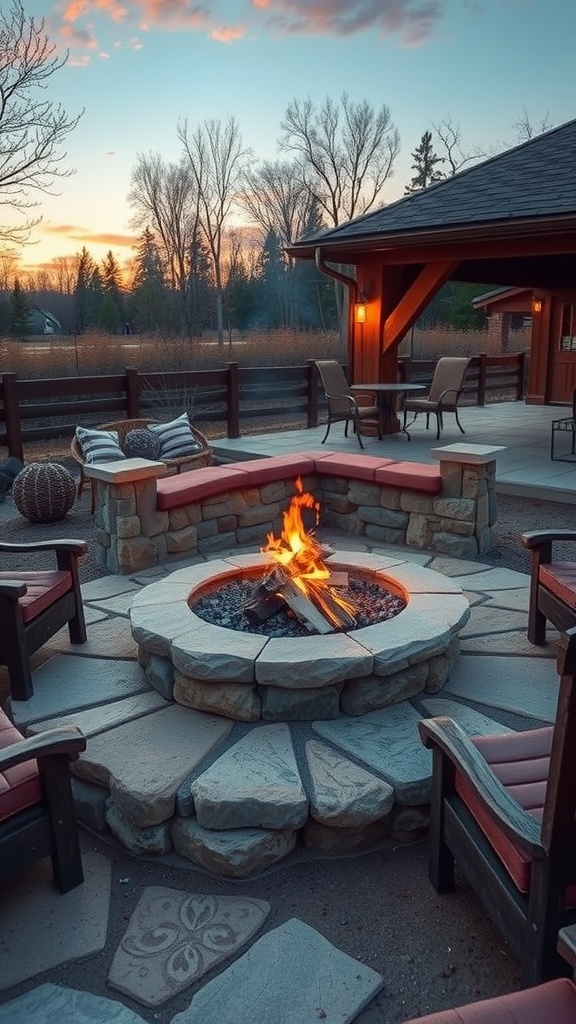 A cozy stone fire pit surrounded by comfortable seating, set against a sunset sky.