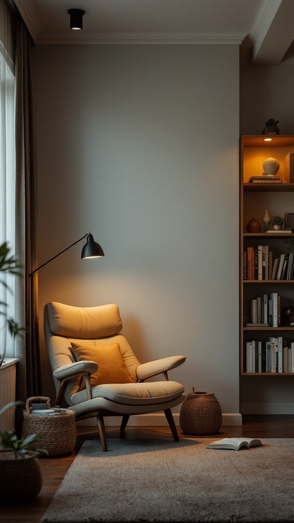 Cozy reading nook in a small apartment with a comfortable chair, warm lighting, and decorative shelving