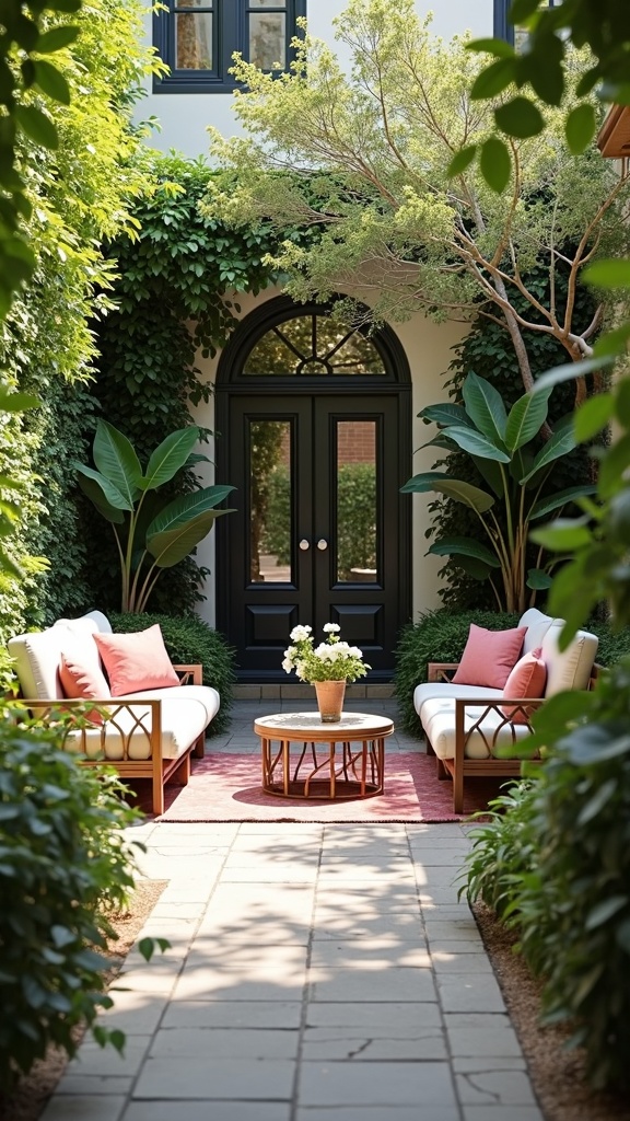Cozy seating area in a townhouse courtyard with sofas and a table surrounded by greenery.