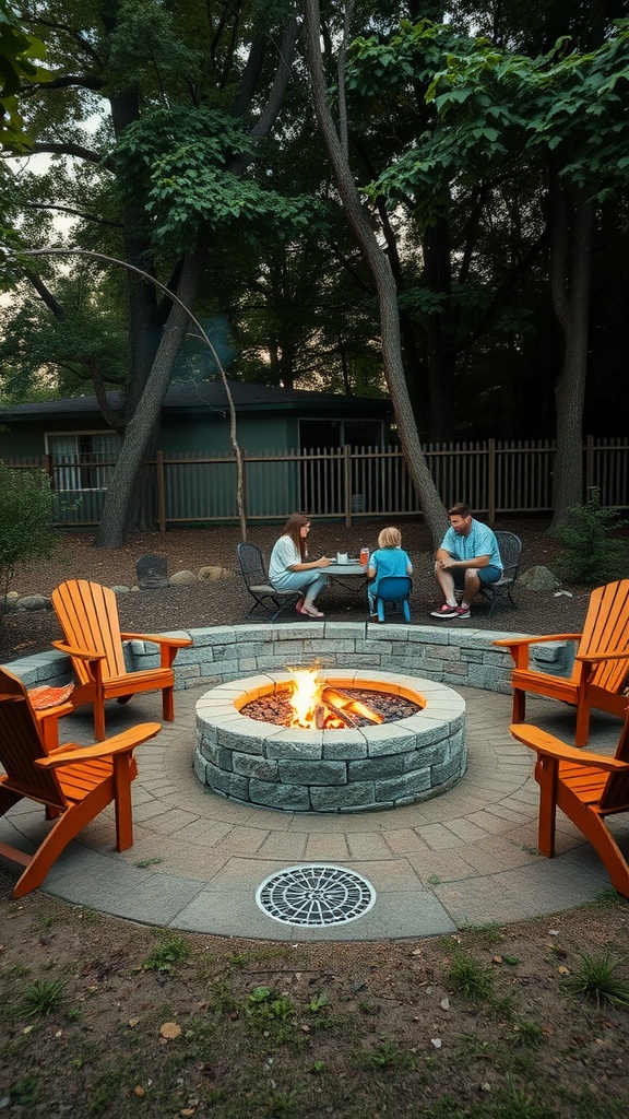 A family gathered around a fire pit in a backyard, surrounded by green trees and cozy seating.