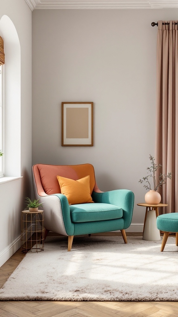 Colorful accent chair with a side table and decorative items in a small apartment living room