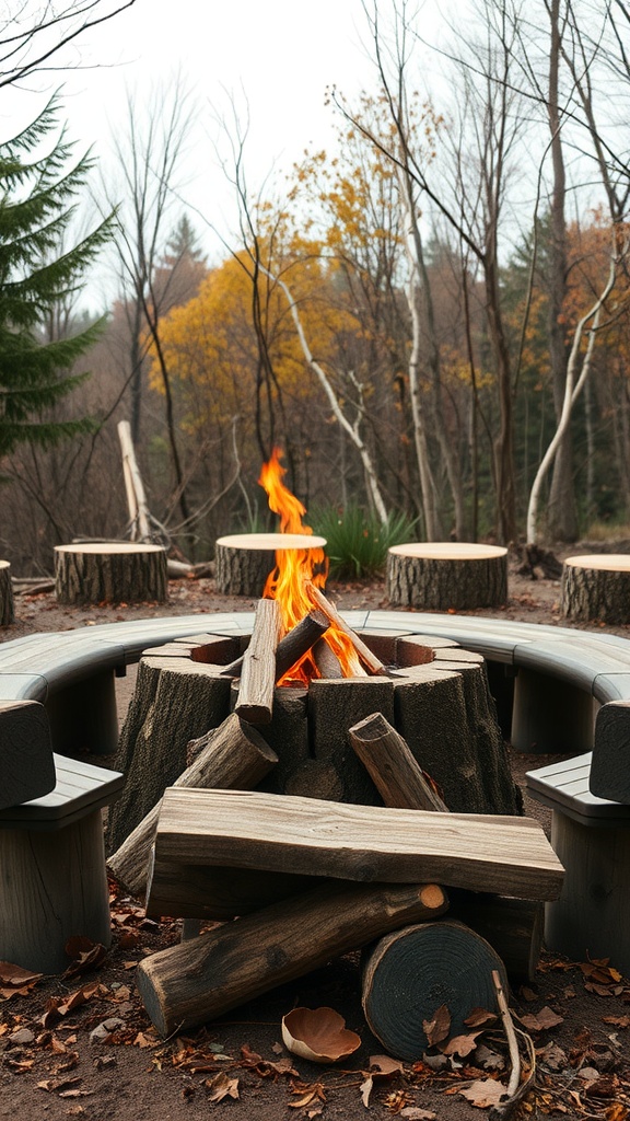 A rustic log fire pit surrounded by natural scenery and seating