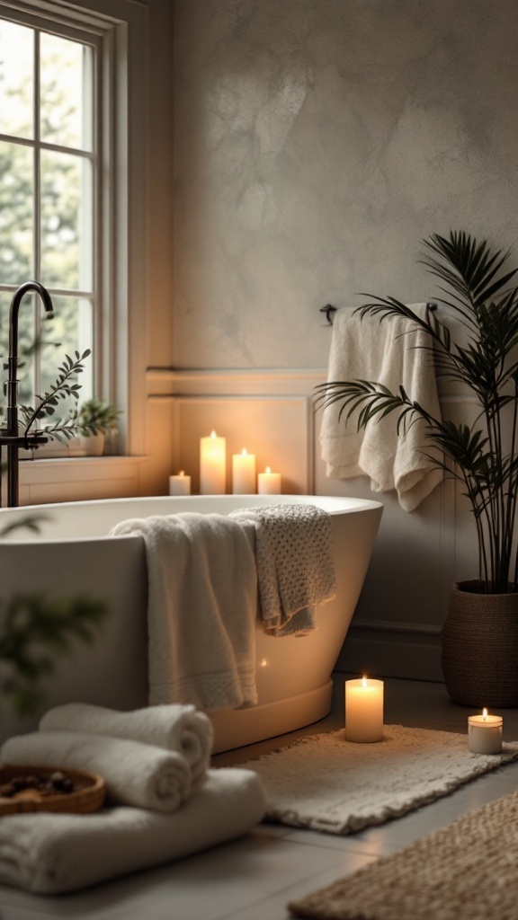 A serene bathroom with candles, towels, and plants
