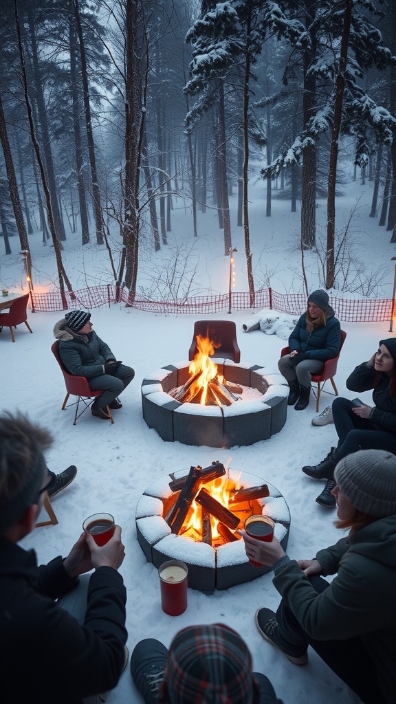 A group of people gathered around a fire pit in a snowy forest during winter.