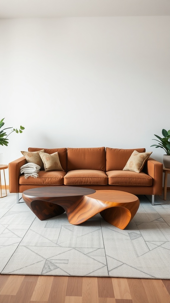 A modern living room featuring a brown couch and an artistic wooden coffee table.