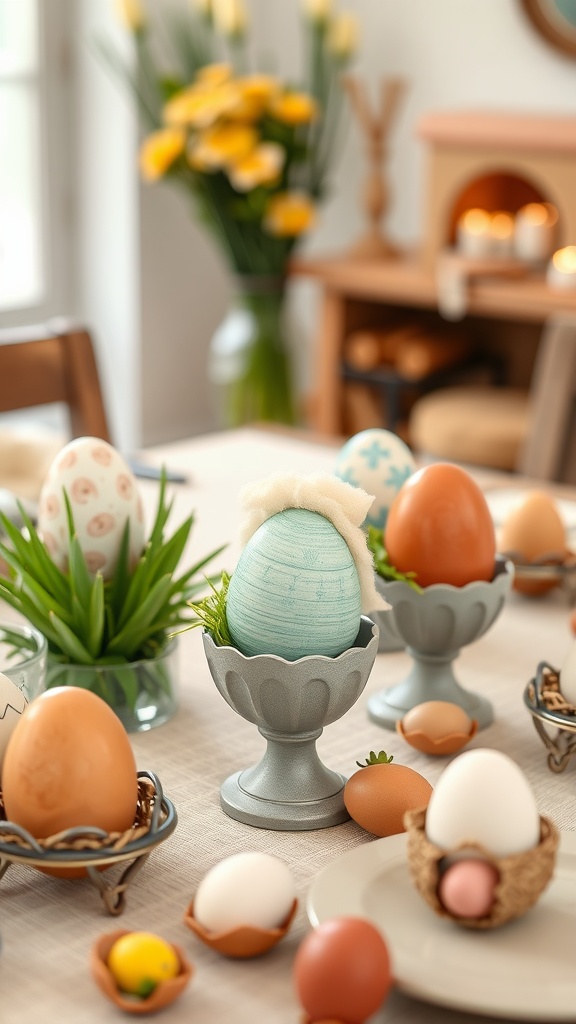 A beautifully arranged Easter table featuring various creative egg holders and colorful eggs.