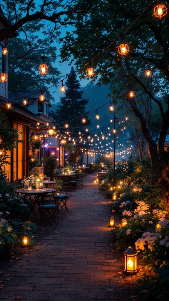 A beautifully lit outdoor pathway with string lights and lanterns, creating a cozy atmosphere.