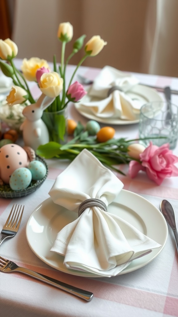 An elegant table setting with folded napkins, flowers, and Easter decorations.