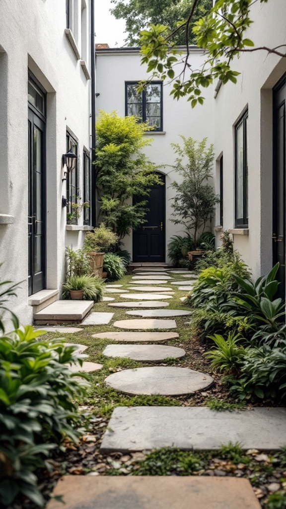 Pathway in a townhouse courtyard garden with stepping stones and greenery.