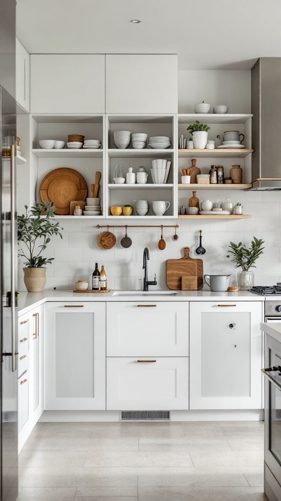 A stylish, modern kitchen with open shelves displaying dishes, plants, and kitchen tools.