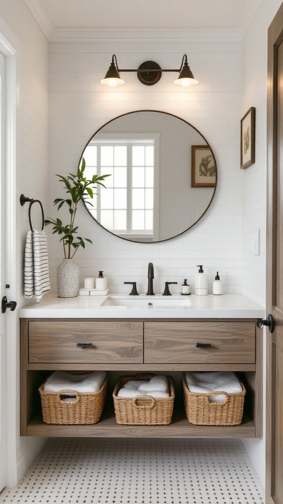 A modern bathroom with a round mirror, elegant lighting, and creative storage solutions featuring wicker baskets and a sleek vanity.