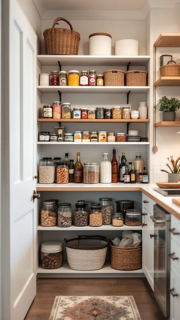 A well-organized pantry with clear jars, baskets, and shelves filled with food items.