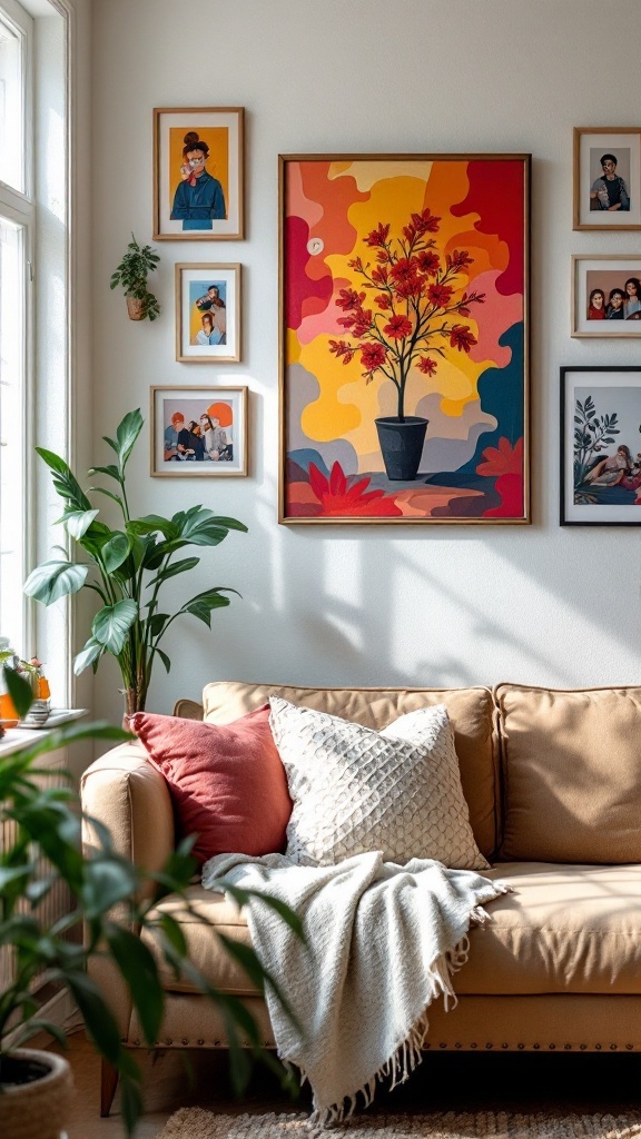 A cozy living room with a sofa, colorful wall art, and plants