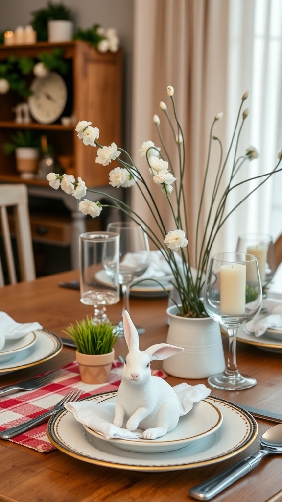 A beautifully set Easter table with a bunny figurine and fresh flowers.