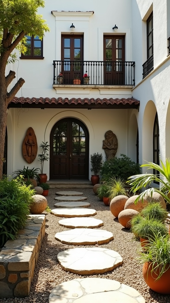 A beautiful townhouse courtyard featuring a pathway with stone slabs, potted plants, and decorative sculptures.