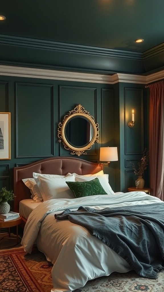 A cozy bedroom featuring deep forest green accents, plush bedding, and decorative elements.