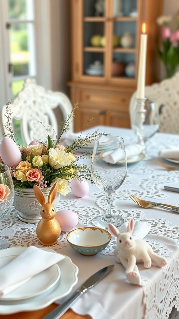 A beautifully set Easter table featuring delicate lace tablecloth, floral centerpiece, and cute bunny decorations.