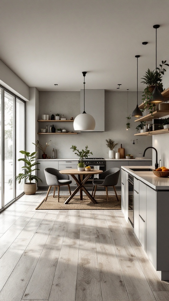 A modern open kitchen with a round dining table, plants, and plenty of natural light.