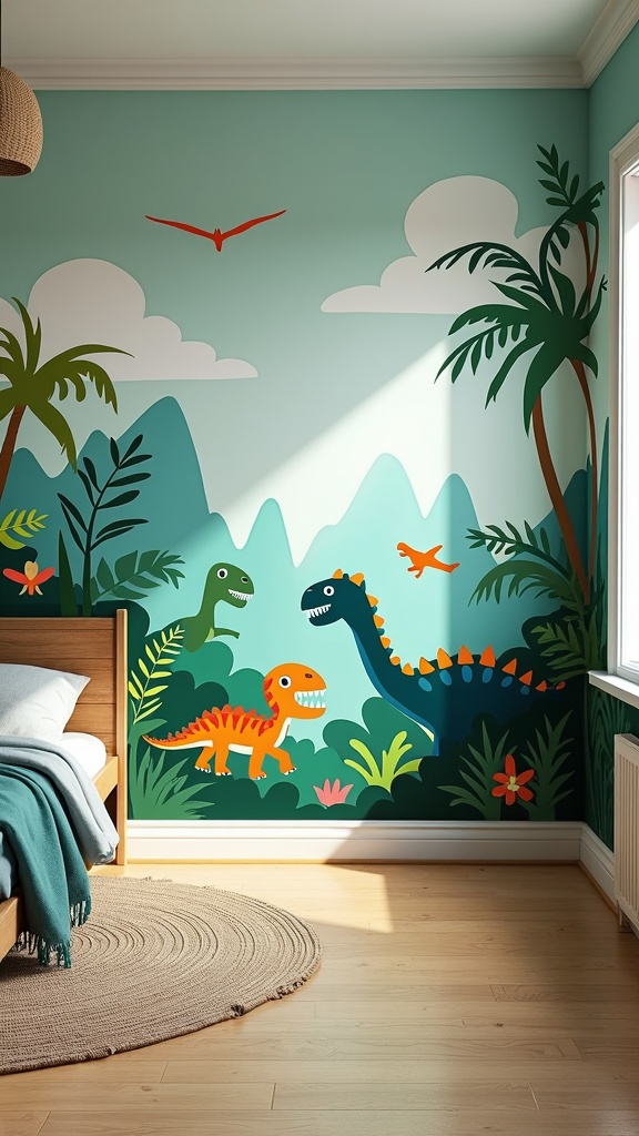 A colorful dinosaur mural in a child's bedroom featuring playful dinosaurs, tropical plants, and mountains.