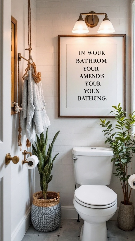 A stylish bathroom featuring framed artwork, plants, and towels.
