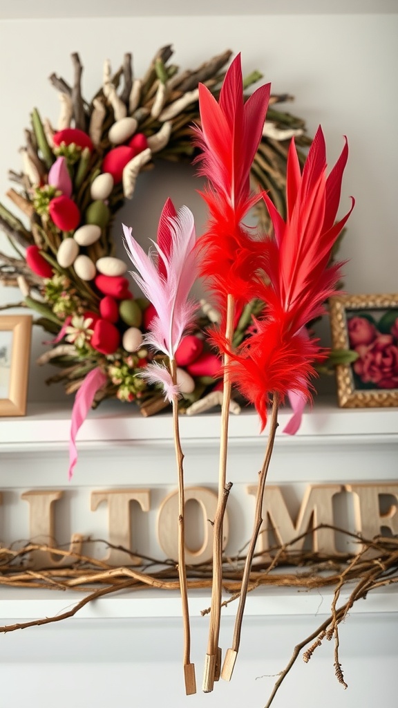 Colorful DIY Cupid arrows made from sticks and feathers, displayed above a welcoming wreath.