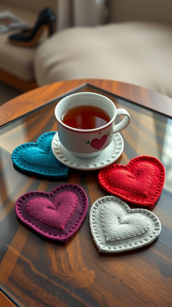 Colorful DIY felt heart coasters on a table with a cup of tea.