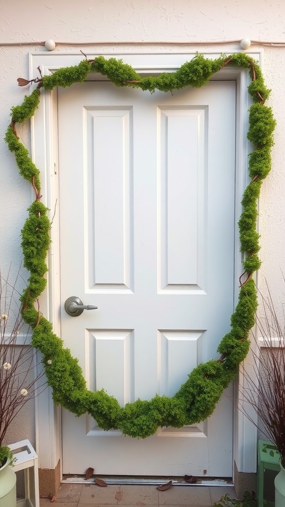 A white door adorned with a lush moss greenery garland.