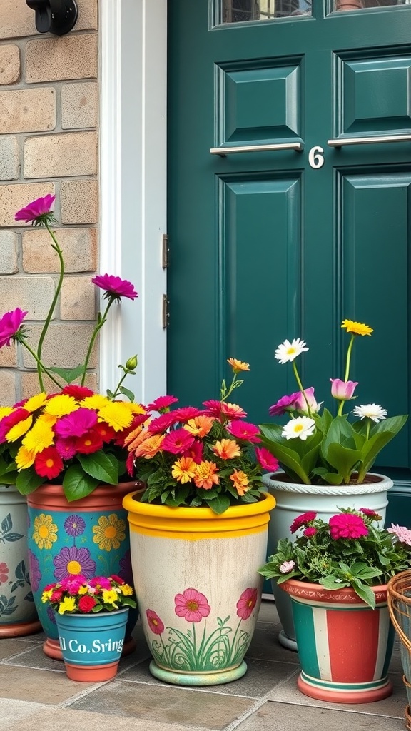 Colorful painted flower pots filled with vibrant flowers at a door entrance