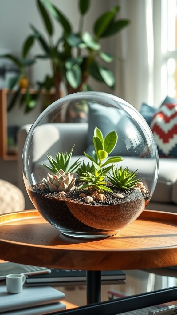 A beautifully arranged DIY terrarium with various plants in a glass container on a wooden table.