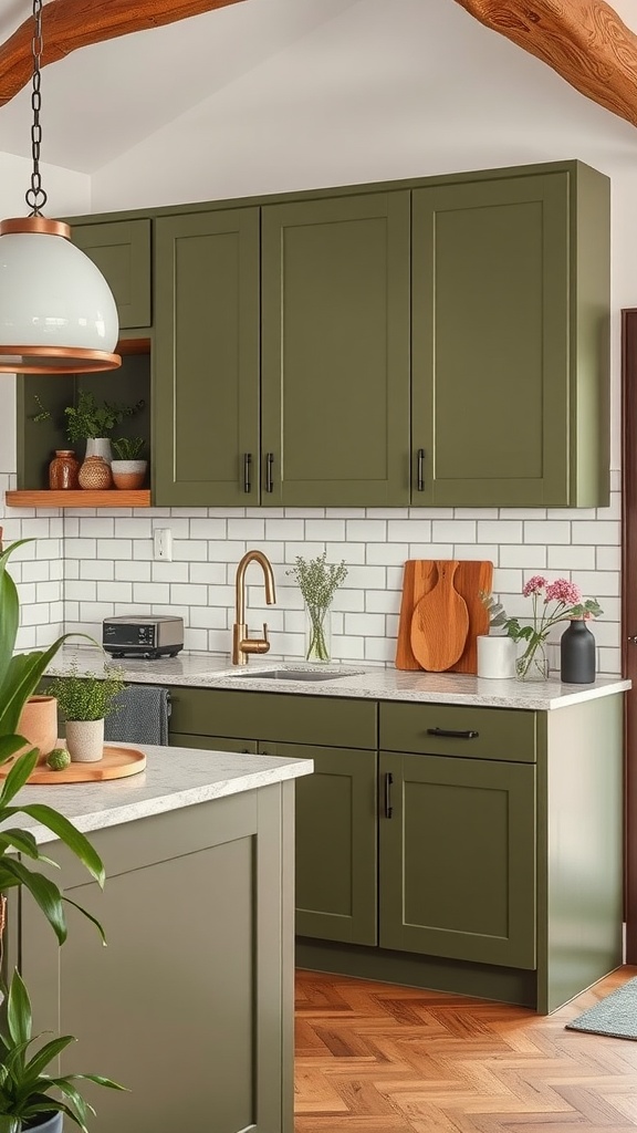 Kitchen featuring earthy olive green cabinets with wooden accents and plants