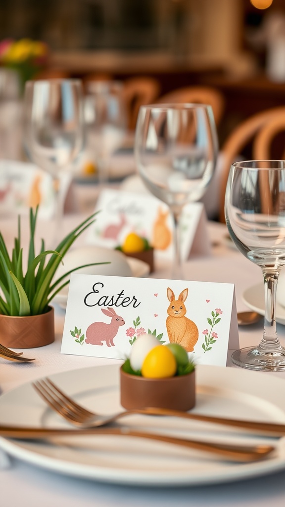 Easter-themed place cards featuring bunnies and colorful eggs on a beautifully set table.