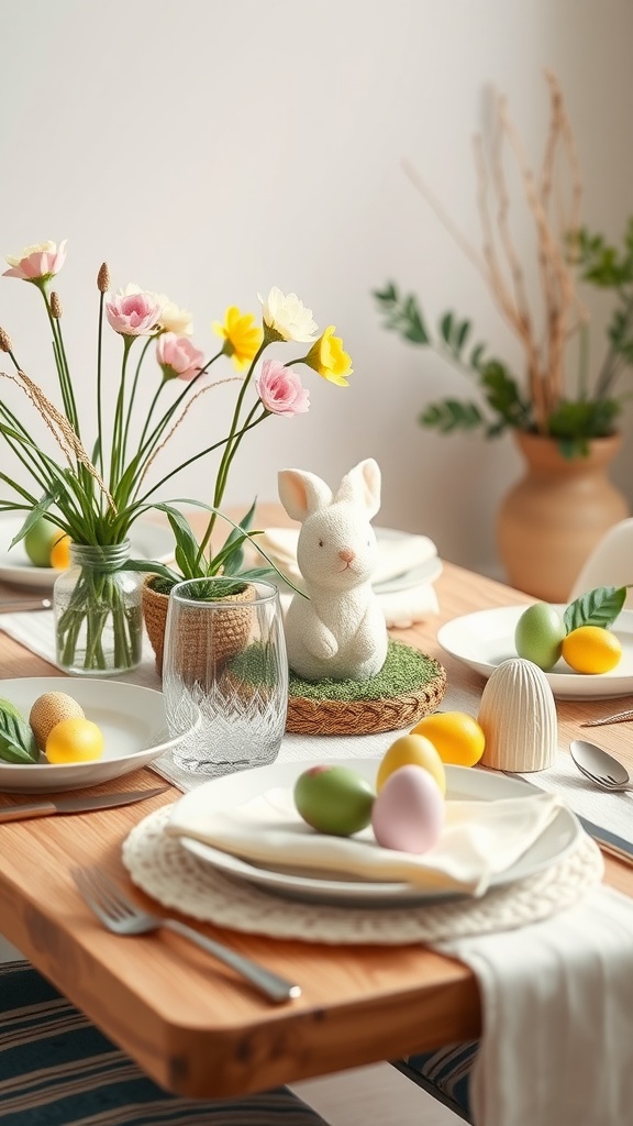 A beautifully set Easter table featuring eco-friendly tableware, flowers, and decorative eggs.