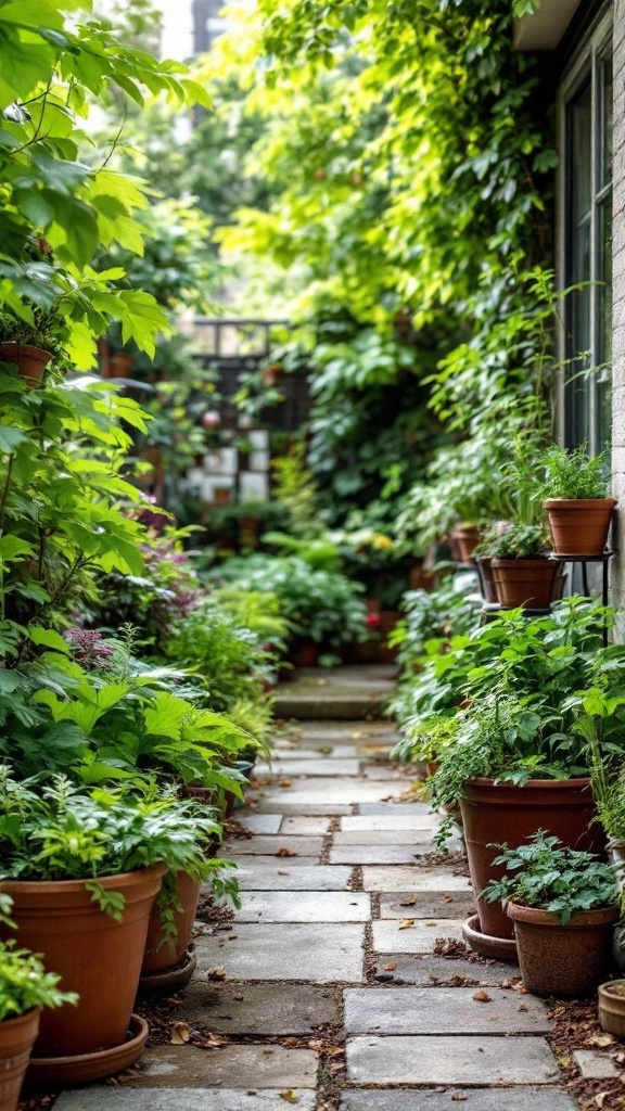 A lush courtyard garden filled with potted plants, including herbs and vegetables, lined by a stone pathway.