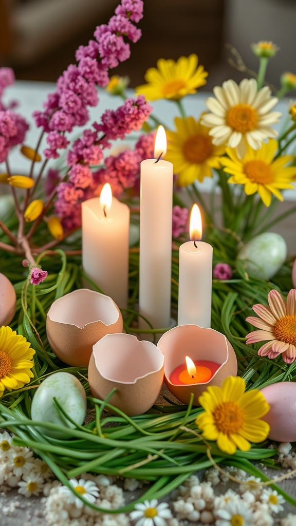 A spring-themed tablescape featuring eggshell candles surrounded by flowers and greenery.